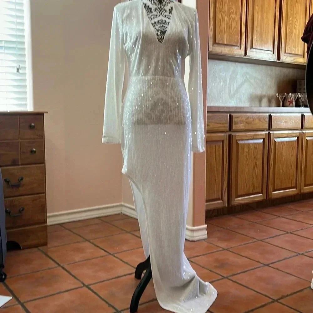 Ella & Bloom XL White formal dress with sequins and cut out slit pit to pit 20”